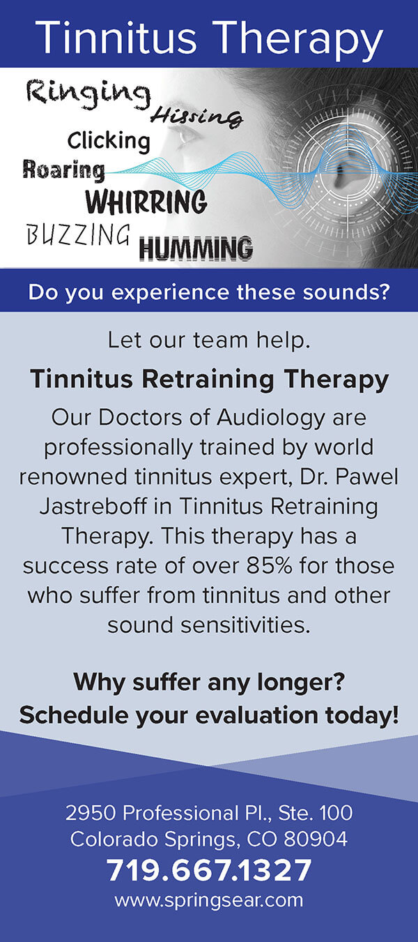 Informational flyer for Tinnitus Retraining Therapy in Colorado Springs